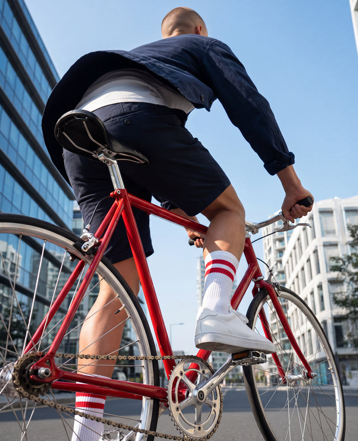 A person riding a red bicycle outdoors in an urban setting, viewed from behind. The rider wears a dark navy jacket, dark shorts, white socks with red stripes, and white sneakers.