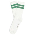 A pair of white crew socks with two green stripes near the cuff and a small green stripe on the toe, shown on a plain white background.