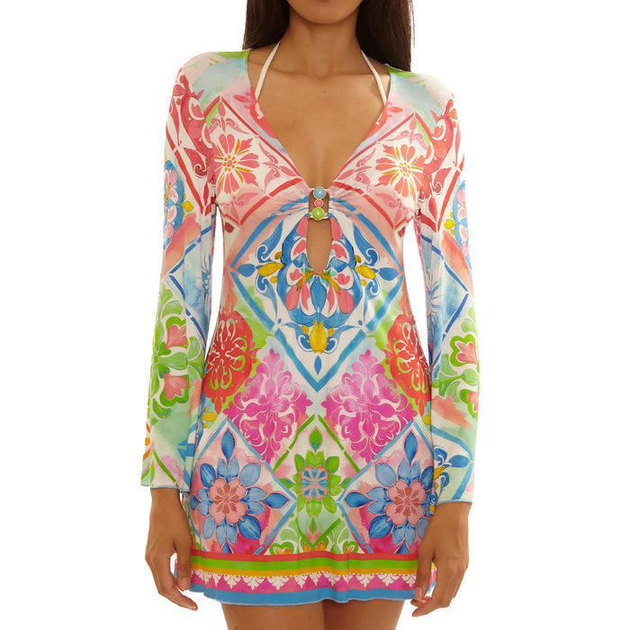 Becca Mijas Floral Tile Print Tunic Cover Up 1360671 Multi Front