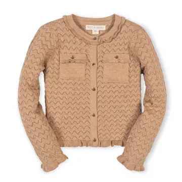Camel Heather Organic Ruffle Trim Pointelle Cardigan