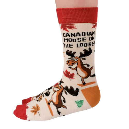 Cozy Canadian Moose Socks by Uptown Sox featuring a bold moose design and vibrant colors, perfect for outdoor lovers and Canadian enthusiasts.