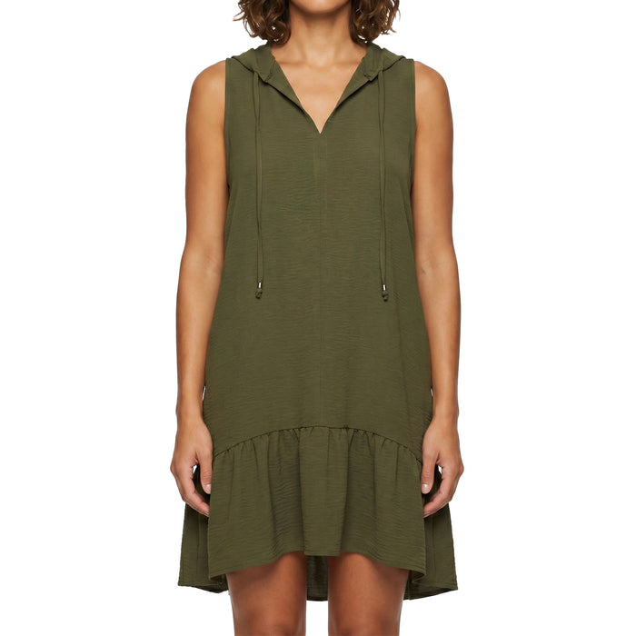Cover Me Sleeveless Hooded Cover Up with Ruffle Hem 24052582 Khaki Front