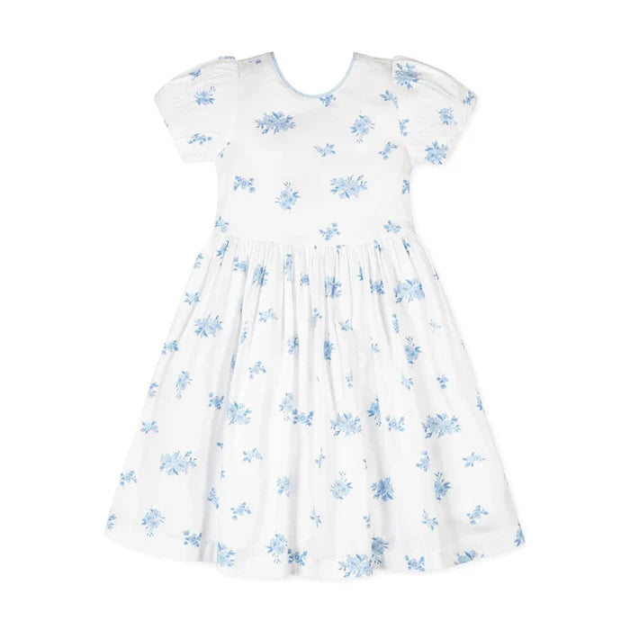 Delft Blue Floral Organic Puff Sleeve Dress
