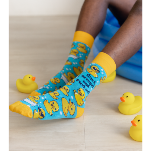 Duck Around men’s socks featuring a fun and playful duck design, perfect for adding a quirky touch to your sock collection.