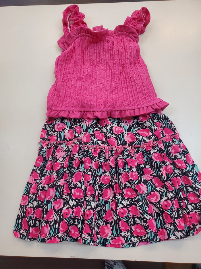 Fuchsia Textured Top + Pink & Black Tier Skirt