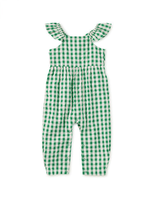 Green Gingham Flutter Button Back Romper