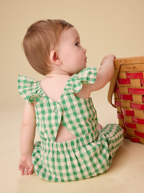 Green Gingham Flutter Button Back Romper