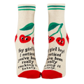 Blue Q ankle socks featuring the message "Hey Girl Hey! I Noticed You’ve Been Really Rocking It Lately," designed to spread positivity and celebrate hard work.