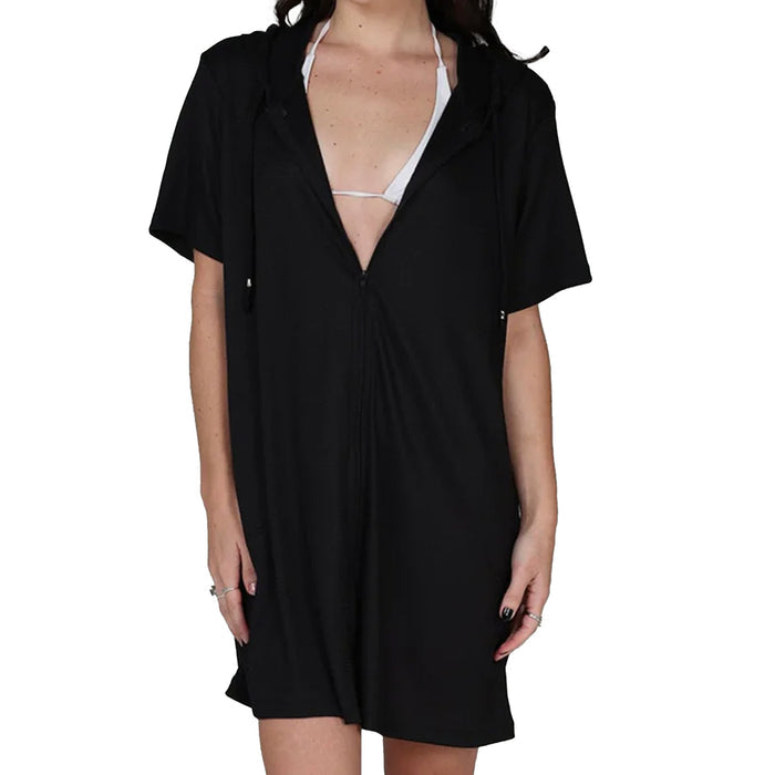 J. Valdi Bondi Short Sleeve Full Zip Hoodie Cover Up J29206 Black Front